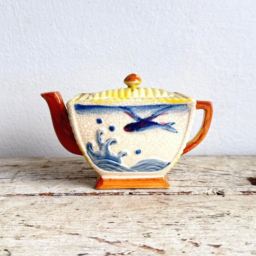 Vintage Japanese Hand Painted Ceramic Teapot Flying Fish Ocean Waves CSGC